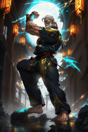 Grand Master Kenshisu stands tall at 5'6, his rugged Chinese features illuminated by lighting that accentuates his bald head and long, white beard. He assumes a powerful karate pose, rippled muscles glistening like granite beneath his bronzed skin. A futuristic Shaolin design on his pants gleams with subtle hints of gold, and bronze, while blue light and electricity glow around him, as if harnessing his inner energy. His blazing eyes radiate intensity, framed by the dramatic composition of the shot.,yui_kemono_jihen