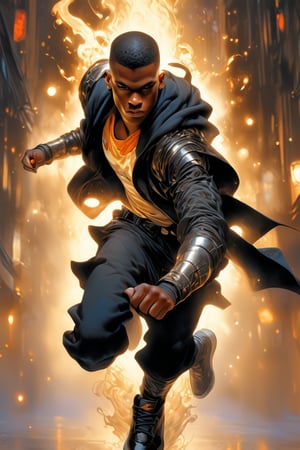 , art by J.C. Leyendecker, a masterpiece,, hyper-realistic oil painting, vibrant colors, dark chiar((Full_ body shot)) Against a misty cityscape at dusk, a suave young black man, approximately 19 years old, stands confidently and strong on a hover crafted on the street. His sleek, futuristic graphics hoodie and dark black jeans accentuate his urban charm. Power radiates from his features as dark energy pulses through his body, casting a cool glow on his frame. low buzz cut close to head for black male. futuristic Jordan shoes complete the futuristic ensemble. score_9, score_8_up, score_7_up, BBM ascuro lighting, 8, ,digital artwork by Beksinski,  