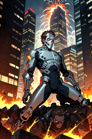 Sacario, donning a half-skeleton metal face mask, kneels precariously on the edge of a gleaming skyscraper. He's clad in sleek, high-tech bomb gear that seems to absorb the chaos behind him. Explosions erupt in rapid succession, casting a fiery glow across his rugged features. His eyes burn with an earthy brown intensity as he gazes out into the mayhem, his face set in a determined expression. The cityscape stretches out behind him, a tapestry of twisted steel and shattered glass.