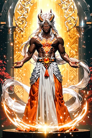 .,masterpiece, 1_male (full body shot). Dragon Lord Up-Roar stands majestically, his pitch dark black skin glistening in the soft, warm lighting. His glowing orange at the tip of his horns protrude from his forehead, framing his chiseled features. His orange-colored eyes shimmer like precious orange stones, radiating an aura of power. Long flowing white hair cascades down his back, a stark contrast to his dark complexion. Sharp finger-nails gleam in the light with dazzling rings on his fingers as he strikes a pose, his fit physique clad covered in a sleek, amazing futuristic Japanese-inspired emperor's garb. The camera captures him from head to toe in a ((full_body shot)), exuding regality and sexuality in this full-body shot.,best quality. score_9_up score_8_up score_7_up,BBM