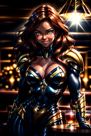 Cinematic full-body shot of a stunning 23-year-old turkey woman, radiant in her superhero attire, posing confidently at a dimly lit bar. Her attractive smile illuminates the space as she gazes directly into the camera lens. Brown hair flows like a waterfall down her back, framing her very beautiful face. The lighting is cinematic, casting dramatic shadows on her physique, clad in an impressive costume featuring striking combinations of black, golds, and whites. The film still captures a moment of strength and allure, as if she's about to spring into action. her eyes glowing bright