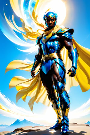 yellow painted skin warrior superhero Oplu Akondi stands majestically against a clear blue sky Full_body shot, his strong face painted with vibrant yellow hues, grey eyes piercing through. A futuristic blue headpiece resembling ninja gear design adorns his brow, while a flowing cape of intermingled yellow and blue billows behind him like a celestial aura. His sleek gold, chrome, and blue battle armor glistens in the sunlight, emphasizing his regal presence as he stands effortlessly. ((full_body shot))