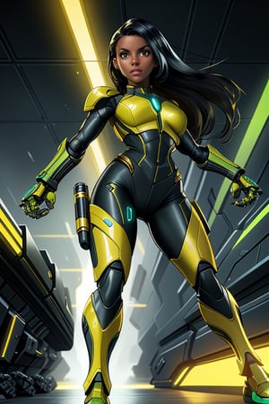 dark-skinned female,Crazy face full_body shot of Mae Leigh with beautiful glowing green eyes, Jet black hair with brown high-lites, smooth black female brown skin, slim_fit nice sexy body, wearing green and black sleek fitting mech style battle suit with yellow Tron syle light corsing trough out the gear, running into the frey, high_tech gloves on shows her fingers