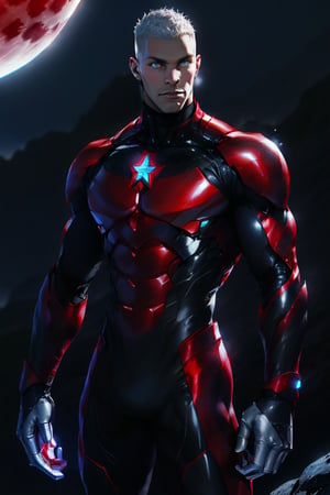 Echelon stands 6', his full-body shot exuding confidence as he stands in night scene. His silver skin glistens like polished steel, paired with a close-shaved haircut. His piercing white eyes burn bright, focused on the starlight in his hand. A sleek, form-fitting suit encases him, featuring a gradient of red, dark blue, and silver chrome metal accents, with carbon fiber texture adding depth to the darker hues. As he levitates amidst the lunar atmosphere, the star's gentle power emanates from his outstretched palm.