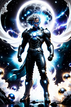 A dramatic full-body shot captures super-hero standing at 6' tall, clad in a sleek form fitting futuristic battle suite blending black, silver, and white hues. He holds two radiant orbs of energy that pulse with energy, light, and electricity, as if channeling the power of the moon. The camera frames him amidst a dark, explosive space backdrop, where eerily glowing orbs of light to match the orbs' luminescence. stars in back drop