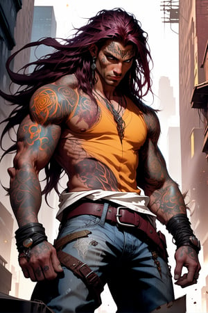 1_man full body shot of Valcun standing tall and powerful as dark energy coursing through his blackened arm crackles with bright light. His long, burgundy hair cascades over his face, yet his piercing yellow and orange eyes gleam amidst the tangles. A torn tan shirt reveals toned grayish skin beneath, adorned with tattoos and the curves of his pointy ears. White and blue jeans are emblazoned with, straps, and zippers, while dark brown boots feature two prominent straps. Valcun's face contorts in a snarl, his expression a perfect blend of delight and fury, set against the gritty urban backdrop.