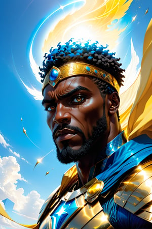 African warrior superhero Oplu Akondi floats majestically against a clear blue sky, his strong face painted with vibrant yellow hues, grey eyes piercing through. A futuristic blue headpiece resembling Gambit's design adorns his brow, while a flowing cape of intermingled yellow and blue billows behind him like a celestial aura. His sleek gold, chrome, and blue battle armor glistens in the sunlight, emphasizing his regal presence as he hovers effortlessly.