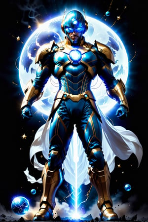 A dramatic full-body shot captures super-hero standing at 6' tall, clad in a sleek form fitting futuristic battle suite blending blue, gold, and white hues. He holds two radiant orbs of energy that pulse with energy, light, and electricity, as if channeling the power of the moon. The camera frames him amidst a dark, explosive space backdrop, where eerily glowing orbs of light to match the orbs' luminescence. stars in back drop