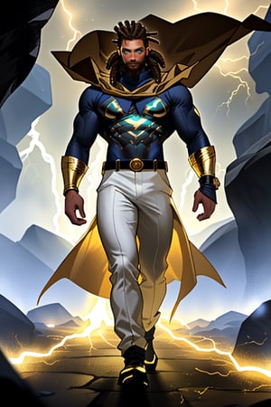 Within a dark cave background, Doriyan Shmitsfeild emerges, his powerful aura radiating outward as lightning sparks of energy glow around his body. His full-body pose exudes confidence as he walks into the light, off-white Furry cowl draped around his shoulders. A white and gold carbon-fiber suit blue metal chest area,and A flowing white-blue-gold cape billows behind him, paired with gleaming gold arm bracelets and rugged black and brown hair tied in dreadlocks and modern style beard. Fit and chiseled, this superhero stands tall, ready to face whatever challenges await.,Add more detail,dark skin