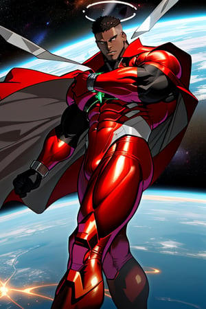 Atomus, a robust black male figure with bronze skin, hovers above Earth, his strong muscular physique emitting universal strength. Dressed in a chrome-red metallic power suit, adorned with a large silver letter A, he wears a long flowing silver cape that floats around him like a halo. His low-cut hair is slicked back, and his white eyes glow with an otherworldly intensity, devoid of pupils. Framed against the deep blackness of space, Atomus's powerful physique appears even more formidable as he radiates energy and strength. brown tone skin