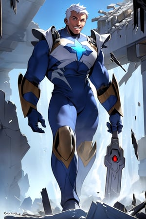 A towering figure, approximately 5-7 feet tall, clad in gleaming white futuristic armor with striking powder-blue accents, beams with an ear-to-ear grin. Against a ravaged backdrop, this mighty superhero radiates unparalleled energy and light, his very presence seeming to hold the fragments of destruction at bay.