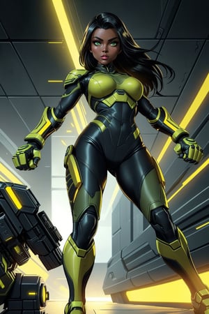 dark-skinned female,Crazy face full_body shot of Mae Leigh with beautiful glowing green eyes, Jet black hair with brown high-lites, smooth black female brown skin, slim_fit nice sexy body, wearing green and black sleek fitting mech style battle suit with yellow Tron syle light corsing trough out the gear, running into the frey, high_tech gloves on shows her fingers