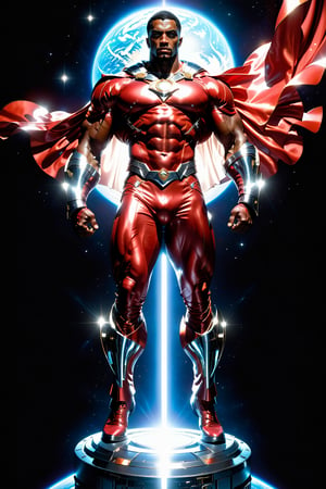 Atomus, a robust black male figure with bronze skin, hovers above Earth, his strong muscular physique emitting universal strength. Dressed in a chrome-red metallic power suit, adorned with a large silver letter A, he wears a long flowing silver cape that floats around him like a halo. His low-cut hair is slicked back, and his white eyes glow with an otherworldly intensity, devoid of pupils. Framed against the deep blackness of space, Atomus's powerful physique appears even more formidable as he radiates energy and strength. brown tone skin