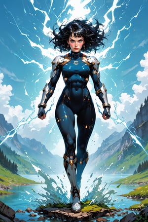 Solo Energetic Moment: A full-body shot of Trisha as she is floating above a lake vortex of yellowish-blue energy. Her toned physique gleams under the soft, golden lighting as she smiles radiates with joy, her smile illuminating the scene. black hair with white highlights. Her sleek, fitted blue attire hugs her slender figure, futuristic shoulder guards on her shoulders exude power, accentuating her athletic build and effortless pose. score_7 up, score_8 up, score_9 up full_body shot