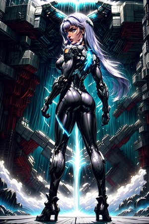  full-body shot of a stunning 23-year-old Korean woman, radiant in her superhero attire, posing confidently at a dimly lit spaceship. Her expression illuminates the space as she gazes directly into the camera lens. hair made of light flows like a waterfall down her back, framing her very beautiful face. The lighting is cinematic, casting dramatic shadows on her physique, clad in an impressive futuristic costume featuring striking combinations of black, purples and whites. The film still captures a moment of strength and allure, as if she's about to spring into action. her eyes glowing bright,Add more detail