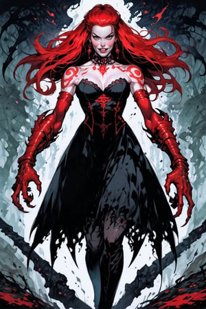 full_body shot of a female creature of the night looms sexy in the shadows, Her pale pink and white skin sets an air of malevolent intent. The camera captures her in a full-body shot , the evil woman like creature haunting yellow eyes gaze piercing through the forest darkness, as if directly addressing the viewer. blood red hair, Claws sharp finger-nails. black lip-stick. Her very presence seems to exude an dark evil aura, radiating an aura.wearing a ((purple and red sleek dress,))Fantasy Add more detail,hunger,newhorrorfantasy_style, pail  white skin, score-9 ((full_body shot)) black lips