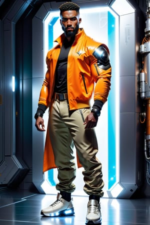 Against a backdrop of hovering spacecraft, a powerful 25-year-old black muscular male stands tall, radiating strength. His low buzz-cut head is adorned with silver earrings. A sharp full beard frames his chiseled features. He wears a short sleek orange jacket with metallic zippers and straps, one sleeve rolled up to reveal a glowing arm. A form-fitting light yellow sleek shirt with glow on the front of shirt hugs his torso,. Black futuristic pants mirror the coat's design. Glowing white urban shoes on his feet complete the urban-chic ensemble as he stands in an action pose, exuding confidence.