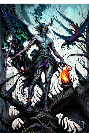 A creature of the night looms abysmally in the shadows, His gaunt blue and orange figure filling the frame with an air of malevolent intent with Dark purple wings. The camera captures it in a full-body shot crouching down, the creature's haunting yellow eyes gaze piercing through the darkness, as if directly addressing the viewer. His very presence seems to exude an purple evil aura, radiating an aura of foreboding and dread., Add more detail,hunger