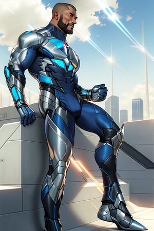 Full-body-shot of Davion standing strong, gazing upward into the distance ,He is 5'7", He has a clean shaved face clean shaved illuminated by warm sunlight. The futuristic superhero costume, crafted from carbon-fibers and reflective metals, hugs his physique, showcasing no sleeves and a bold design. The shoes, with gleaming, seamlessly connect to the uniform's legs. As he raises his eyes, a radiant glow emanates from his pupils, firing shafts of white laser light into the sky, as if harnessing celestial energy.