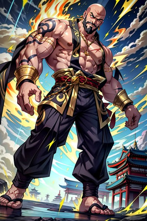 Grand Master Keshinsu stands 5'6", camera angle framing him from below, gazing upward in awe. His bald head and long white beard exude wisdom, while intense eyes radiate power. Muscular physique, shirtless, showcases rippled abs, Asian features conveying cultural discipline. Futuristic Shaolin-style pants, gold and bronze metal accents, adorn his lower half, sans shoes. Surrounding him, golden light, sparks of lightning energy swirl around his feet, entwining his beard and scar, as if channeling ancient wisdom, Akatsuki's fiery essence, Wuwa's sacred power.,Add more detail,Braum