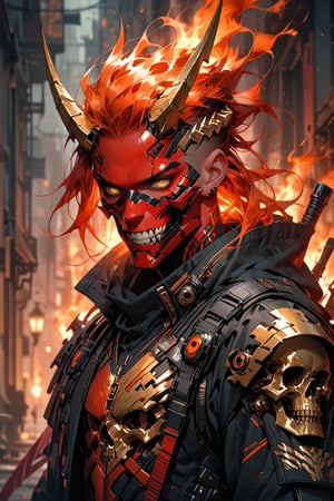 a full-body shot (score_9, score_8_up), score_7_up, 1 red skinned man, metal black half mask covering his mouth, industrial theme, glowing yellow eyes, White and yellow futuristic battle suit, spikes, teeth, solo, cyberpunk, ivory horns, fire hair, floating fire hair, skull, shiny, orange cowl on  attached to black royal cape,
Depth of field, blurring background, cinematic lighting, full_body
