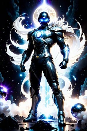 A dramatic full-body shot captures super-hero standing at 6' tall, clad in a sleek form fitting futuristic battle suite blending black, silver, and white hues. He holds two radiant orbs of energy that pulse with energy, light, and electricity, as if channeling the power of the moon. The camera frames him amidst a dark, explosive space backdrop, where eerily glowing orbs of light to match the orbs' luminescence. stars in back drop