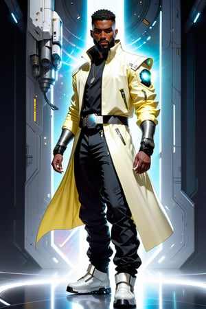 Against a backdrop of hovering spacecraft, a powerful 25-year-old black male stands tall, radiating strength. His low buzz-cut head is adorned with silver earrings. A sharp full beard frames his chiseled features. He wears a short sleek white coat with metallic zippers and straps, one sleeve rolled up to reveal a glowing magical arm. A form-fitting light yellow shirt with BRAWLERS BLITZ on the front of shirt hugs his torso, belts on his waist. Black futuristic pants mirror the coat's design. Glowing white urban shoes on his feet complete the urban-chic ensemble as he stands in an action pose, exuding confidence.