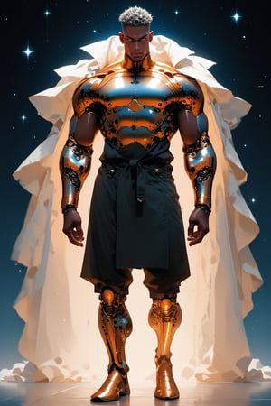  ((Full_body shot)) BBM Atomus, a robust black male figure with bronze skin, hovers above Earth, his strong muscular physique emitting universal strength. Dressed in a chrome-red metallic power body suit,that is form fitting, adorned with silver accents, he wears a long textured silver cape. His low-cut hair is slicked back, and his white eyes glows with an otherworldly intensity. Framed against a starry night, Atomus's powerful physique appears even more formidable as he radiates energy and strength. brown tone skin. score_9_up score_8_up score_7_up