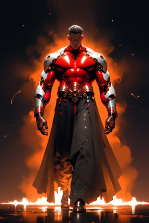  ((Full_body shot)) BBM Atomus, a robust black male figure with bronze skin, hovers above Earth, his strong muscular physique emitting universal strength. Dressed in a chrome-red metallic power suit, adorned with a large silver letter A, he wears a long textured silver cape. His low-cut hair is slicked back, and his white eyes glows with an otherworldly intensity. Framed against a starry night, Atomus's powerful physique appears even more formidable as he radiates energy and strength. brown tone skin. score_9_up score_8_up score_7_up