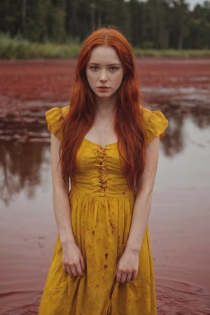 ((lake with red waters))(image of a red-haired girl without makeup coming out of the red lake)(blood water)(sad look)(wearing a yellow 90s style dress, with blood stains)(best quality)(style like an oil painting)