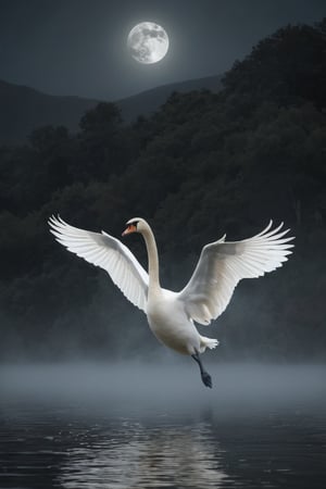 (Image of a white swan taking flight)(a lake of murky waters covered in mist)(night sky with full moon emerging from behind a hill)(best quality)(style like an oil paint painting)