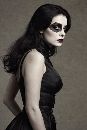 (((Iconic 1950s style illustration, but extremely beautiful)))(((wearing a black gothic dress)))(((corpse paint makeup)))(((front view)))(((full body)))(()))(((photo of straight black hair))) (((solid color background in chiaroscuro))) (((masterpiece, minimalist, epic, hyper-realistic, photorealistic))) (((view profile, view details))) (((monochromatic solid colors)))(((Annie Leibovitz style, Diane Arbus style))),srh_ttz