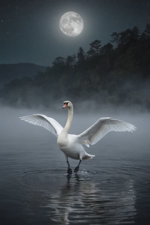 (Image of a white swan taking flight)(a lake of murky waters covered in mist)(night sky with full moon emerging from behind a hill)(best quality)(style like an oil paint painting)