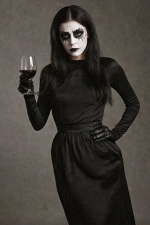(((Iconic 1950s style illustration but extremely beautiful)))(((wearing black gothic dress)))(((corpse paint makeup)))(((holding a glass of wine)))(((front view)))(((full body)))(()))(((photo of straight black hair))) (((solid color background in chiaroscuro))) (((masterpiece, minimalist, epic, hyperrealistic, photorealistic))) (((view profile, view details))) (((monochromatic solid colors)))(((Annie Leibovitz style, Diane Arbus style))),srh_ttz