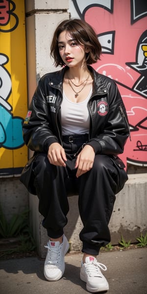 
Prompt: 1girl, solo, breasts, brown short hair, (medium breasts:1.2), (sitting), hugging, full body, parted lips, front view, kelthy, wearing tight black button-down shirt, pink Jacket, Baggy cargo pants with cuffed ankles, Graphic t-shirt peeking out from under the shirt,  Layered necklaces with a mix of chains and pendants, Chunky sneakers ,full body, hands inside the pocket ( crowed town and graffiti art background