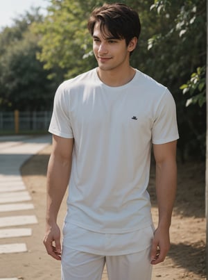 A stoic male figure stands confidently, his pleasant skin tone and rugged features accentuated by a subtle smile. He gazes off-camera, lost in thought, his broad shoulders and strong physique evident under a fitted outfit. The warm sunlight casts a flattering glow on his face, with the surrounding environment blurred to focus attention on the subject's introspective demeanor,full body. 