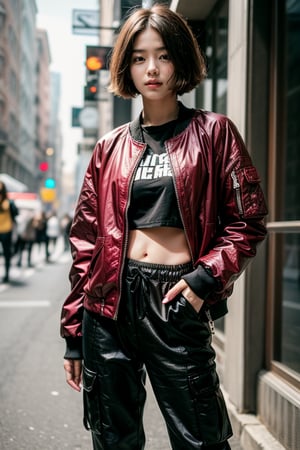 Young indian girl, black short-hair, black cargo pant, black inner with dark pink Jacket, background crowded, stylish fashion (standing 2 meter away)hands in   pant pockets