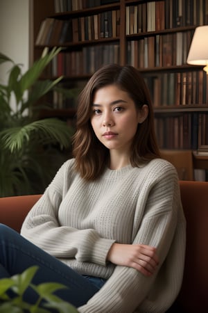 look like ((mary elizabeth winstead)),age 25,(((dont change face))),A girl  wearing a sweater and jeans, lying on a couch watching tv, surrounded by books and plants, in the style of a cozy illustration, ,photorealistic:1.3, best quality, masterpiece