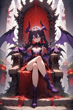 score_9, score_8_up, score_7_up, best quality ,masterpiece, 4k, best quality, extremely detailed, Japanese anime, smallest Breast, (beautiful detailed eyes:1.4), evil smile , fantasy, (full body:1.2), shoot from front, looking at viewer , evil horns, evil wings, evil wings, throne, lega, crossed legs,