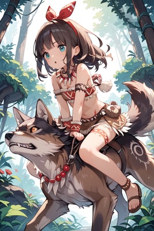 score_9,score_8_up,score_7_up,source_anime, tribal, riding wolf, holding bow