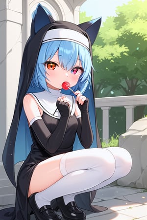 1girl,fox girl,short hair,red eyes,blue hair,blue eyelashes,small breasts,squatting,heterochromia,elbow gloves,white thighhighs,loli,fingerless,petite,nun,white clothes,lollipop,eating,outside