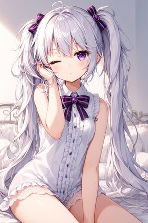 1girl,white hair,purple eye,messy hair,messy,sleeveless,lace,twintails,very long hair,hand in own hair,one eye closed,bow,looking at viewer,bedroom