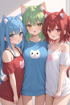 3girl,cat girl,blue hair,red hair,green hair,standing together