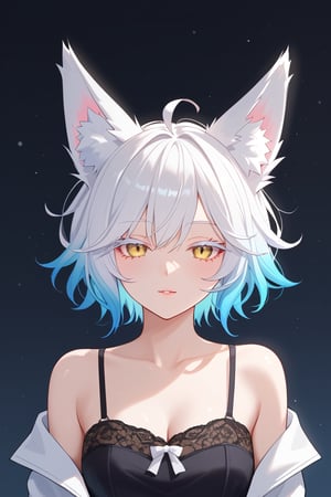 masterpiece,best quality,high quality,(colorful),gradient hair,messy hair,white hair,fox ears,gradient ears,short hair,white eyelashes