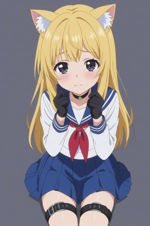 1girl, solo, long hair, animal ears, blue skirt, skirt, school uniform, blonde hair, gloves, serafuku, sailor collar, sitting, black gloves, choker, neckerchief, pleated skirt, black eyes, simple background, long sleeves, tears, looking at viewer, animal ear fluff, thigh strap,anime screencap,score_anime