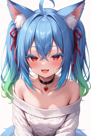 masterpiece,best quality,high quality,(colorful),fox girl,fox ears,gradient hair,choker,blue hair,blue eyelashes,long eyelashes,red eyes,off-shoulder sweater,small breasts,white sweater,white background,blush,naughty face,twintails,open mouth,looking at viewer,ahoge,hair between eyes,