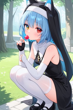 1girl,fox girl,short hair,red eyes,blue hair,blue eyelashes,small breasts,squatting,heterochromia,elbow gloves,white thighhighs,loli,fingerless,petite,nun,white clothes,lollipop,eating,outside