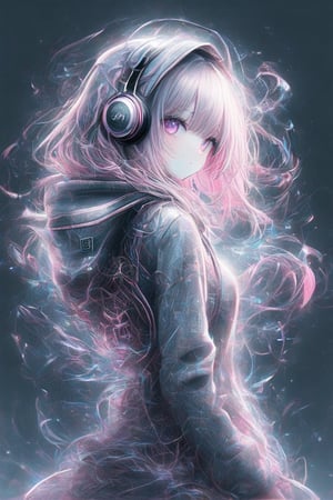 1 girl with a jacket, with the hood up, with her back turned but with her face turned, with headphones on, the pink jacket and with a pink and black background
,DonM3lv3nM4g1cXL