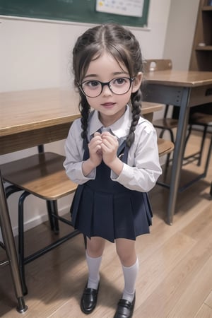 1 two-year-old girl, school uniform, pouting, smile, hyper-realistic, photo to be shown to shoes, stand, Wear glasses, double braid. Erasers (character, scented)