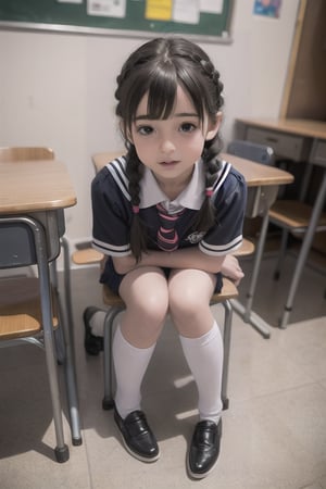 1 two-year-old girl, school uniform, pouting, smile, hyper-realistic, photo to be shown to shoes, stand, Wear glasses, double braid. Erasers (character, scented), Knee socks